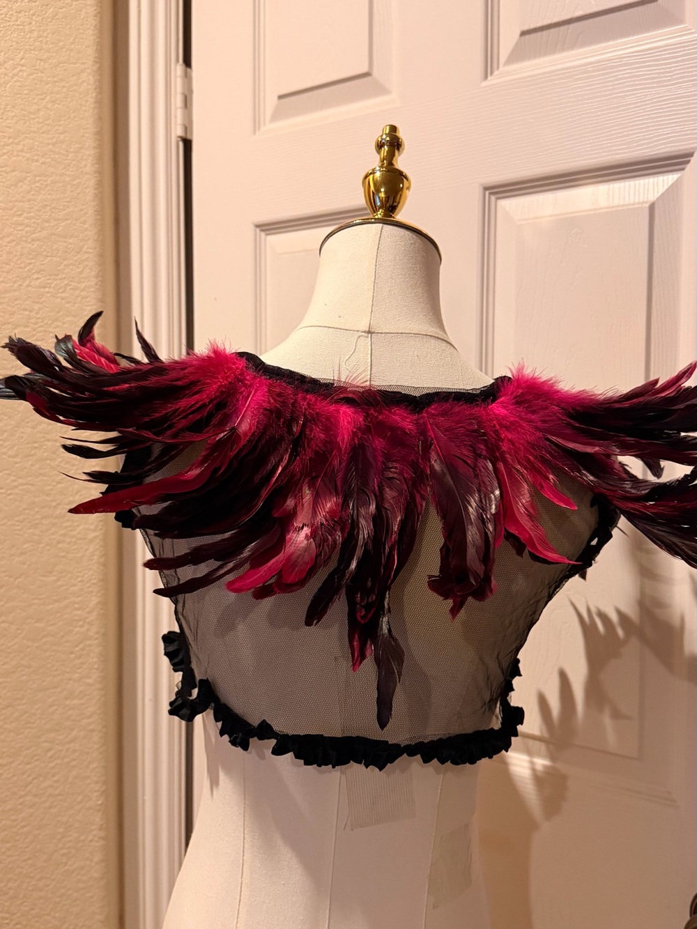 Feather Trim Sheer Crop Bolero in Burgundy Pink